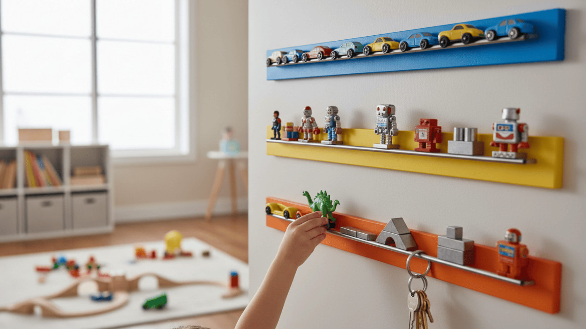 magnetic strips for toys holding cars and figures on wall in neat and space saving playroom storage setup