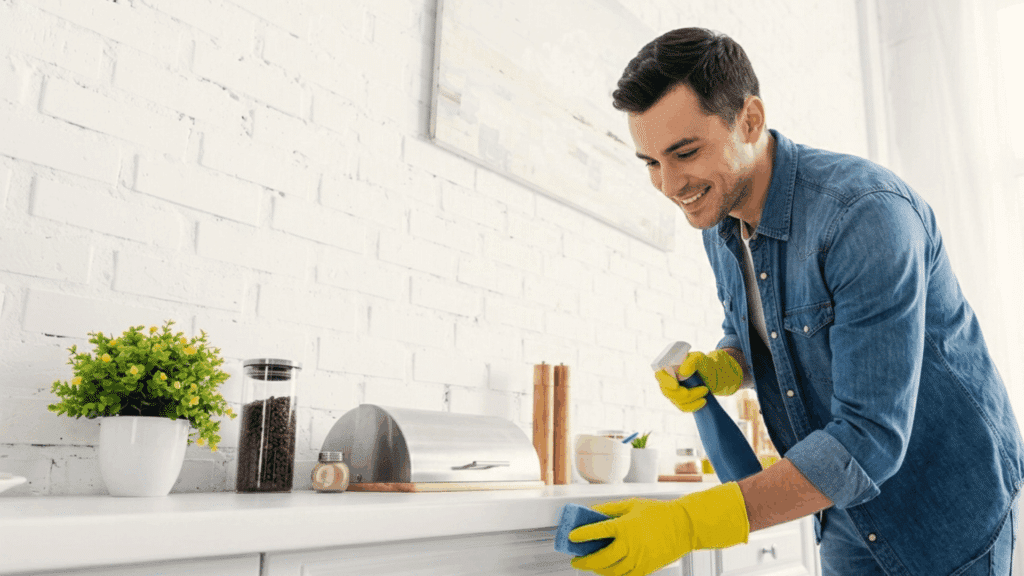 How to Get Motivated to Clean: 23 Tips that Actually Work man cleaning a bright kitchen counter while wearing yellow gloves and holding a spray bottle