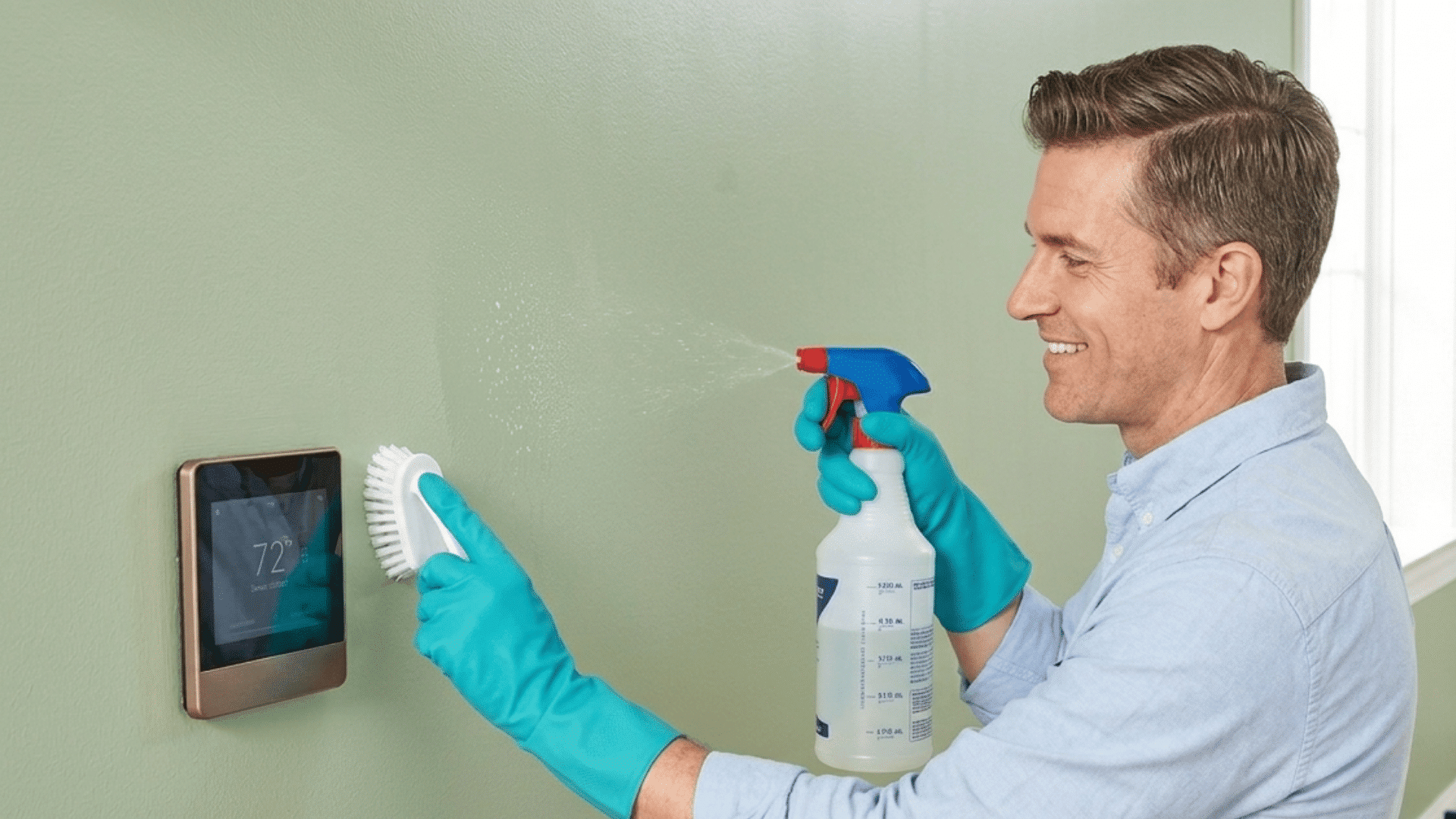 man cleaning a smart thermostat on a green wall while wearing gloves and spraying cleaner