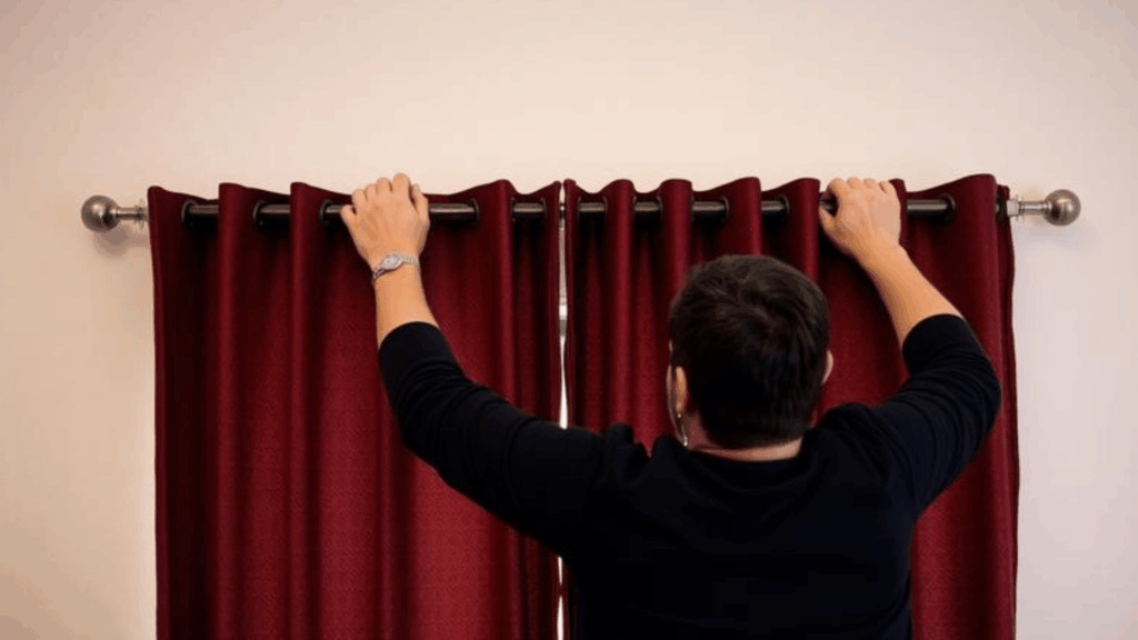 man hanging burgundy grommet curtains on a silver rod against a plain wall