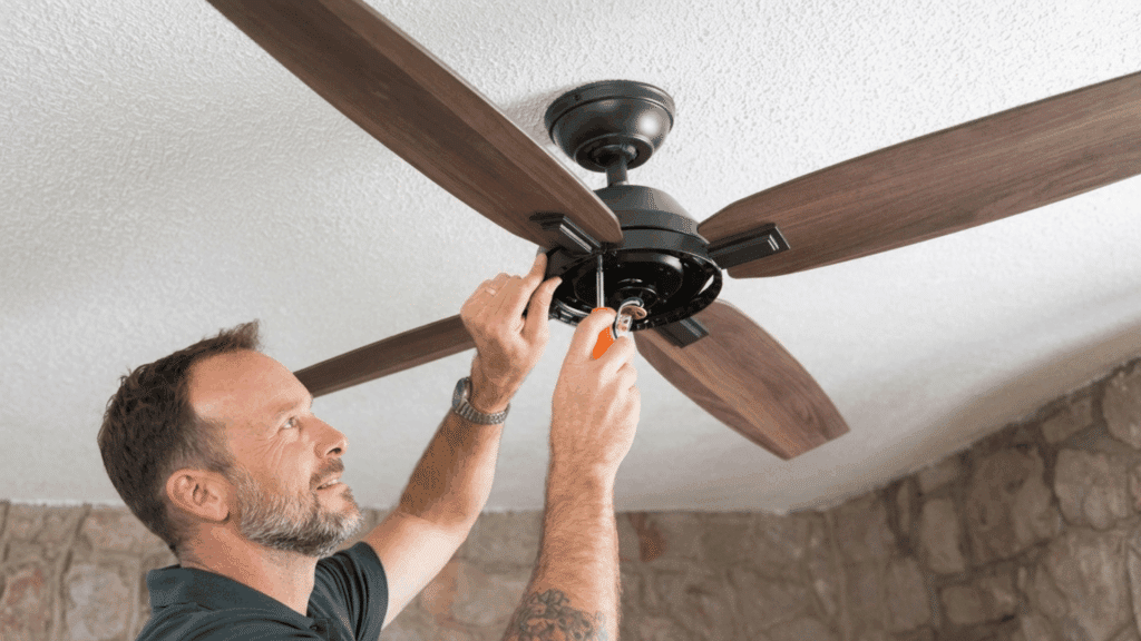 man installing a modern ceiling fan while connecting wires on a textured white ceiling indoors