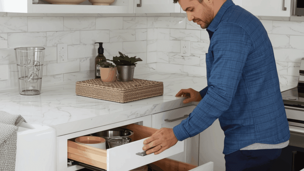man opening kitchen drawers arranging dishes showing how to organize kitchen drawers neatly at home