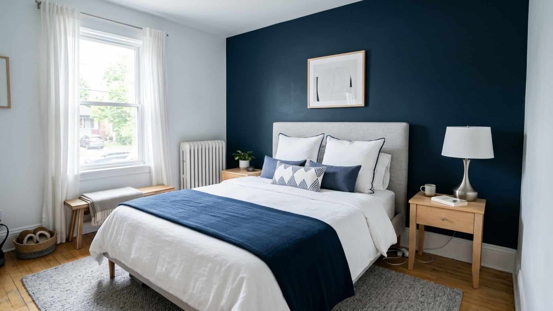 midnight blue accent wall bedroom with white bedding light wood furniture modern elegant bedroom interior