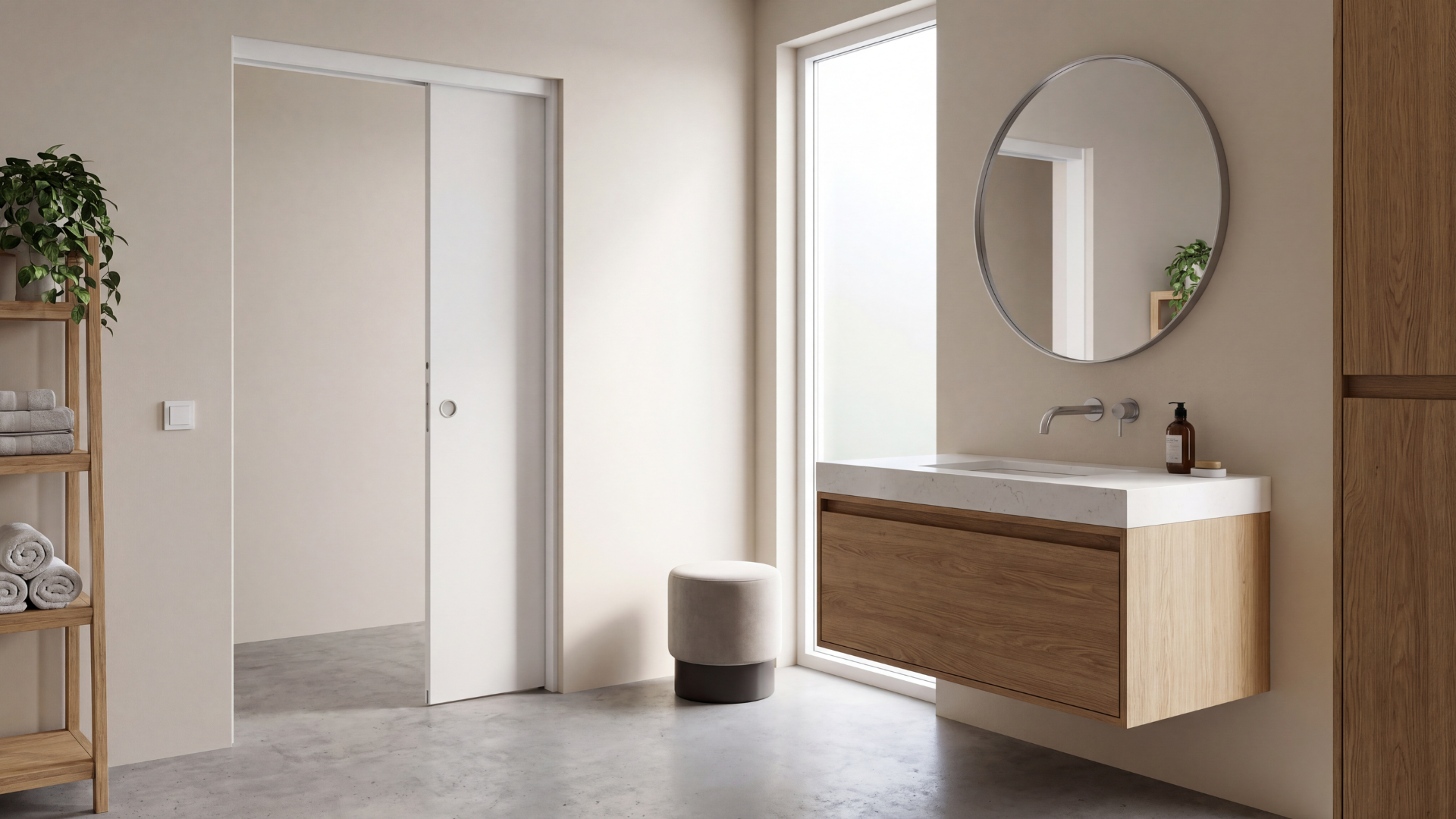 minimal bathroom with a white sliding door and wood vanity.