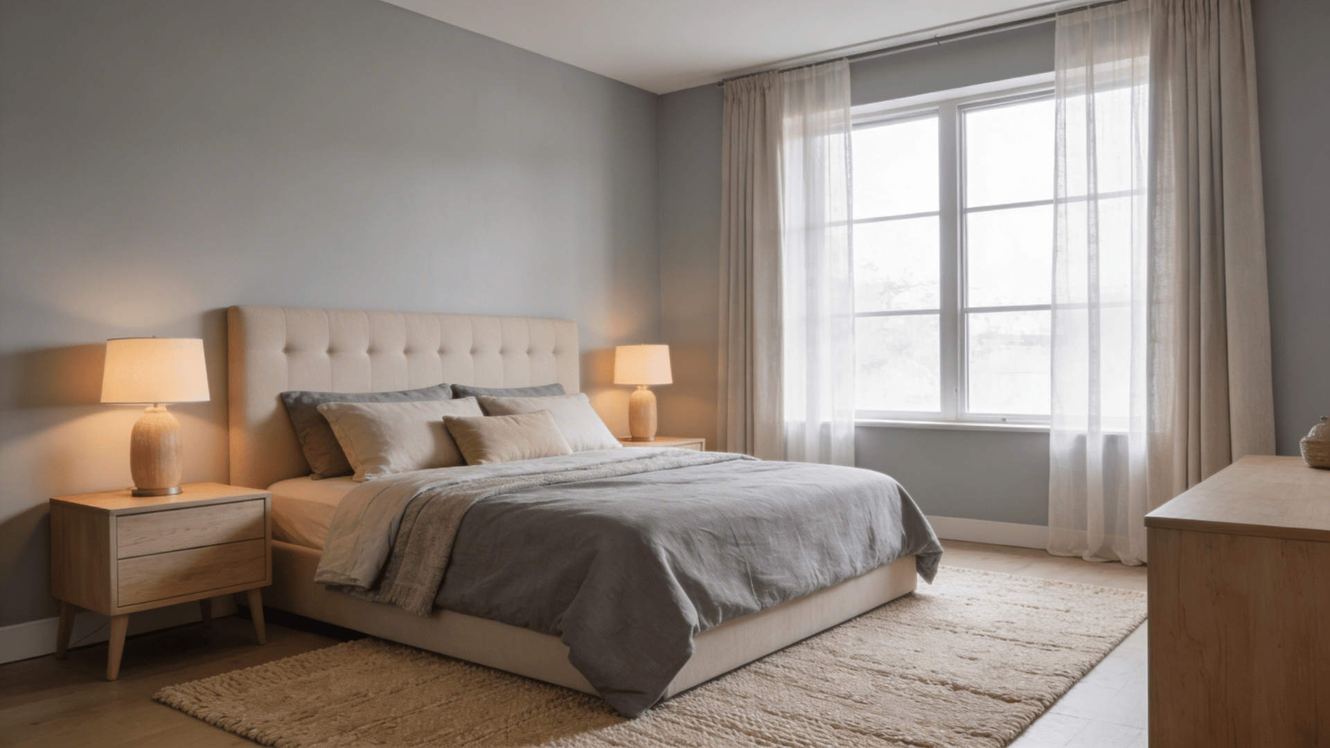 minimal bedroom with beige bed wooden furniture soft lighting and large window with sheer curtains
