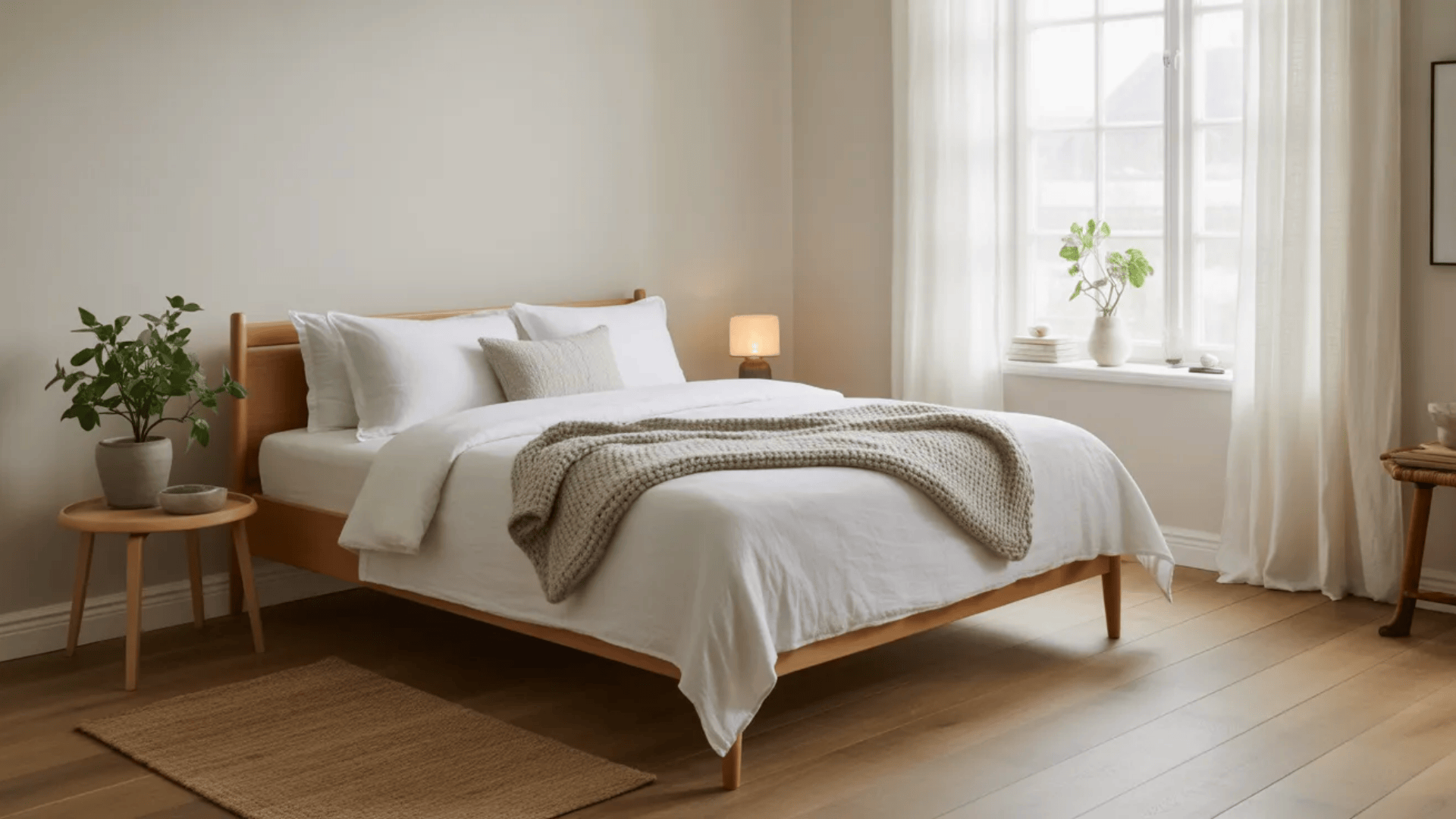 minimal bright bedroom with wooden bed white bedding soft blanket plants and window light showing calm minimalist spare bedroom ideas for guests