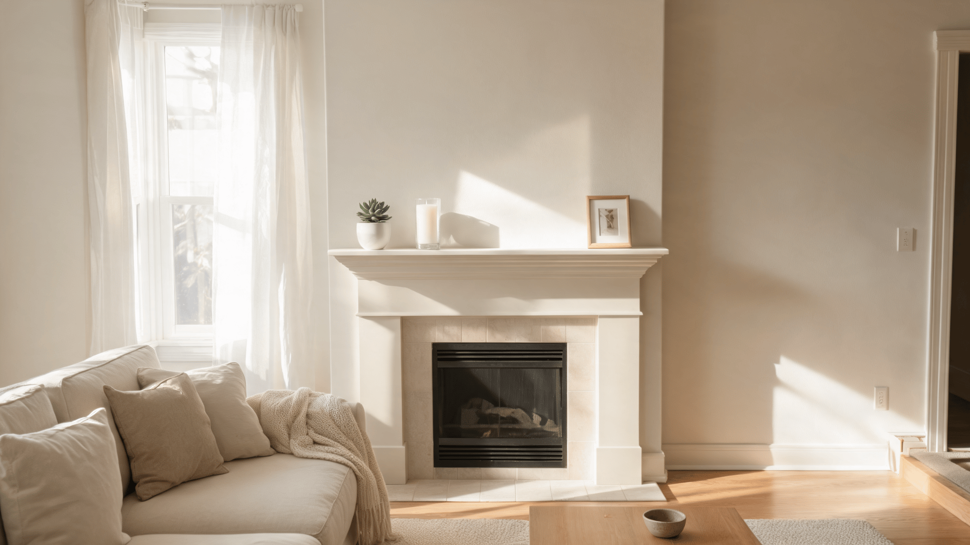 minimal cozy living room with white fireplace soft neutral sofa and warm natural sunlight