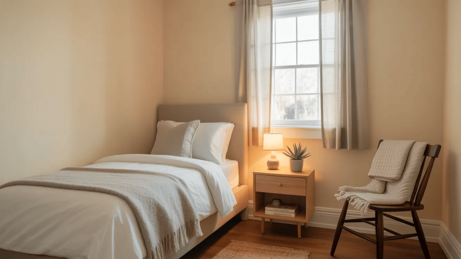 minimal cozy single bed setup with nightstand lamp window light and chair showing simple space saving spare bedroom ideas for small guest room