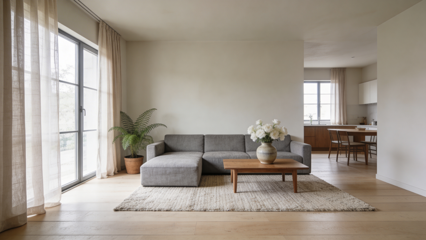 minimal living room with neutral tone and sofa
