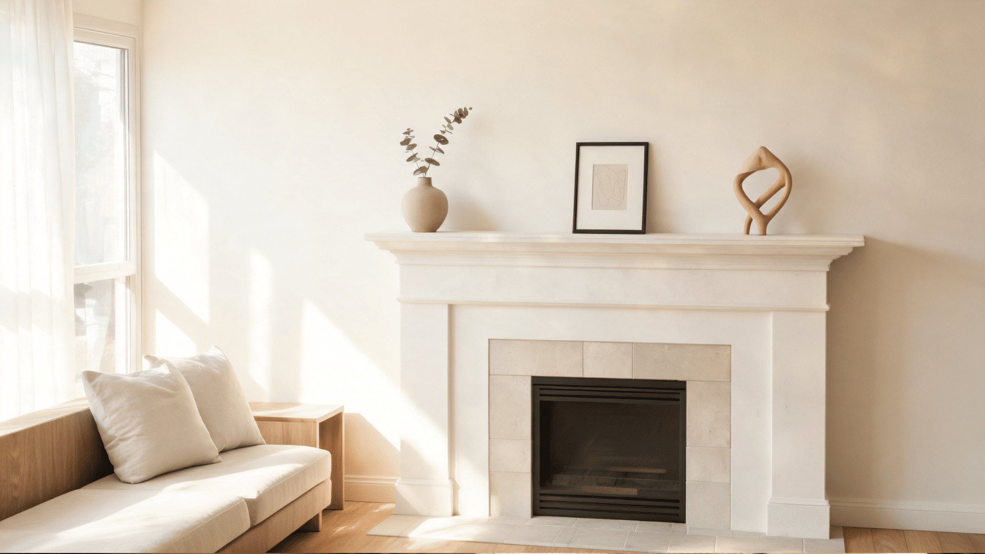 minimal living room with white fireplace neutral decor soft sunlight and modern wooden accents
