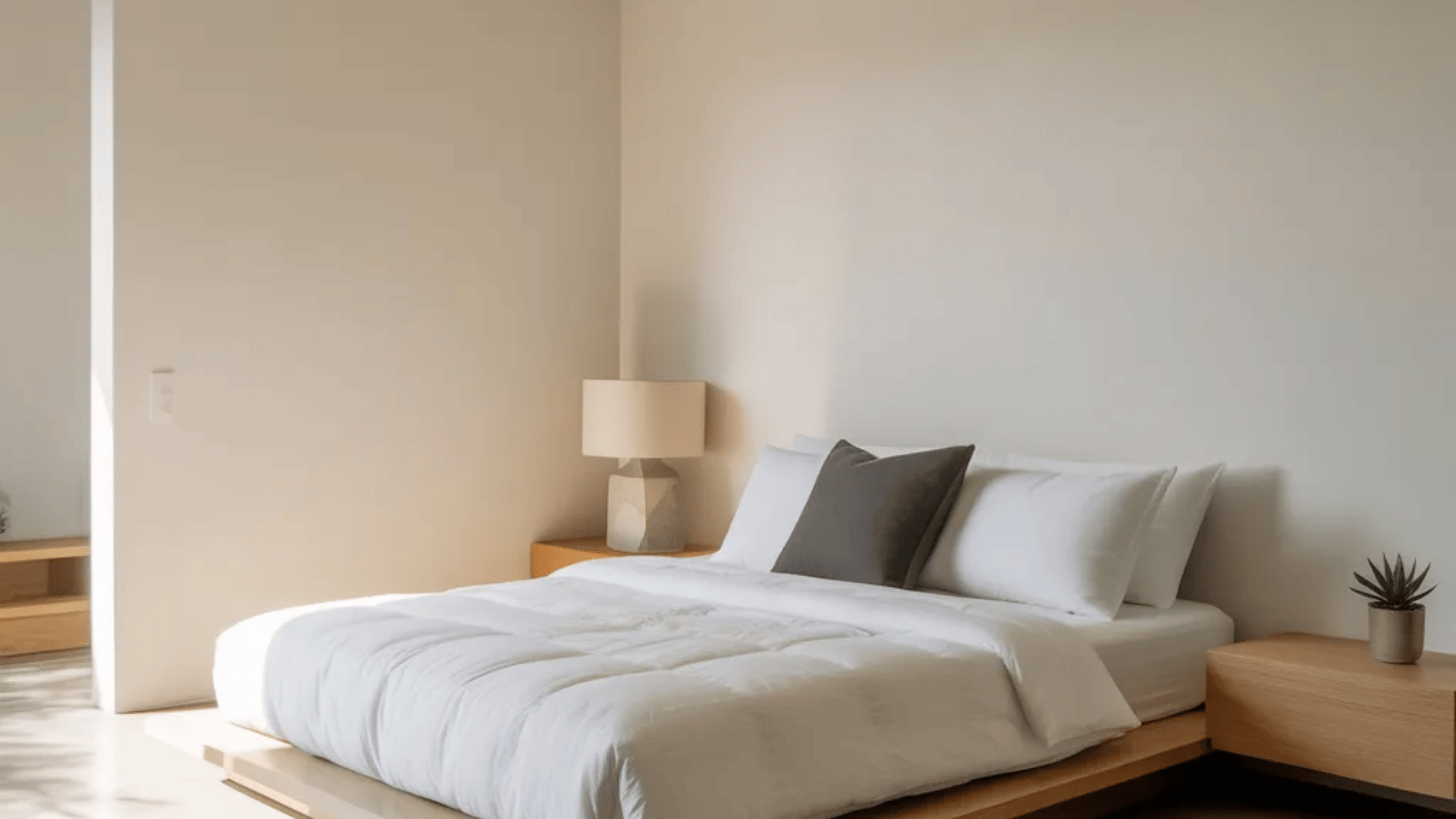 minimal modern bedroom with low wooden platform bed white bedding bedside tables and soft light showing spare bedroom ideas