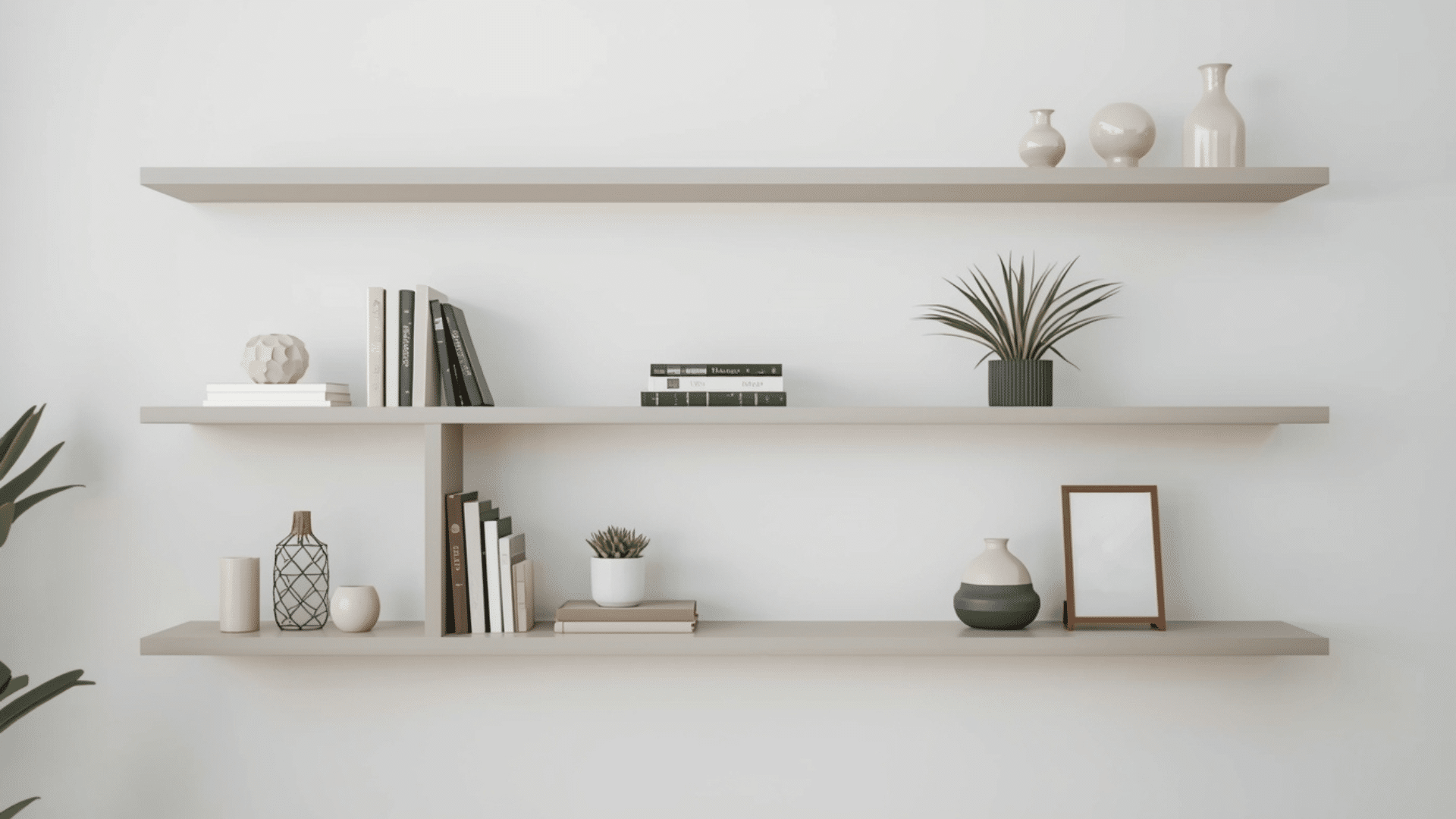 minimal shelves with decor and books spaced apart leaving empty space for a clean and airy look