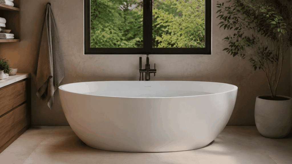 What Is a Soaking Tub: Benefits, Types & Costs minimalist bathroom with a freestanding soaking tub black fixtures a towel on the wall and a plant outside the window