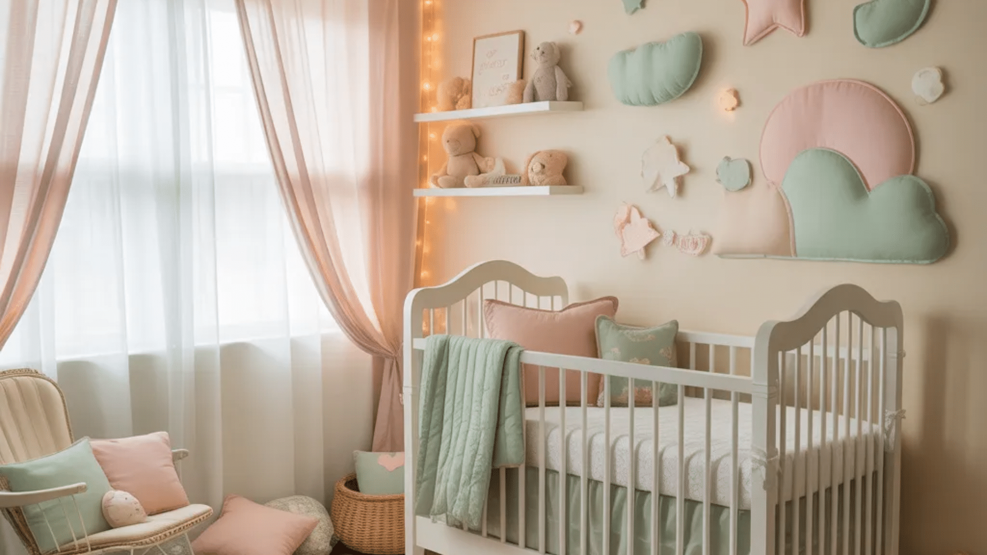 mint and blush pastel nursery ideas with soft crib cozy rug rocking chair and playful wall decor