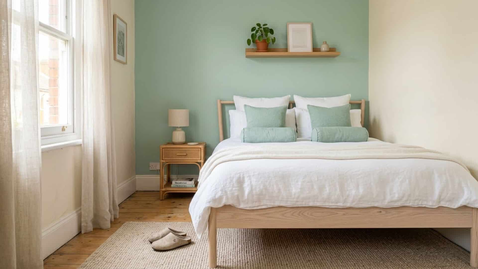 mint green accent wall bedroom with ivory walls rattan decor and soft white bedding airy bedroom