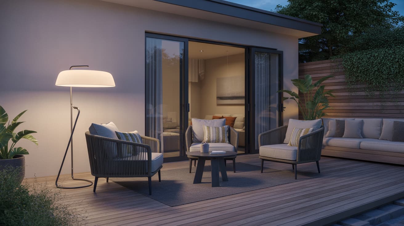 modern backyard deck seating with outdoor sofa chairs and floor lamp creating cozy evening outdoor patio ideas and patio decor ideas