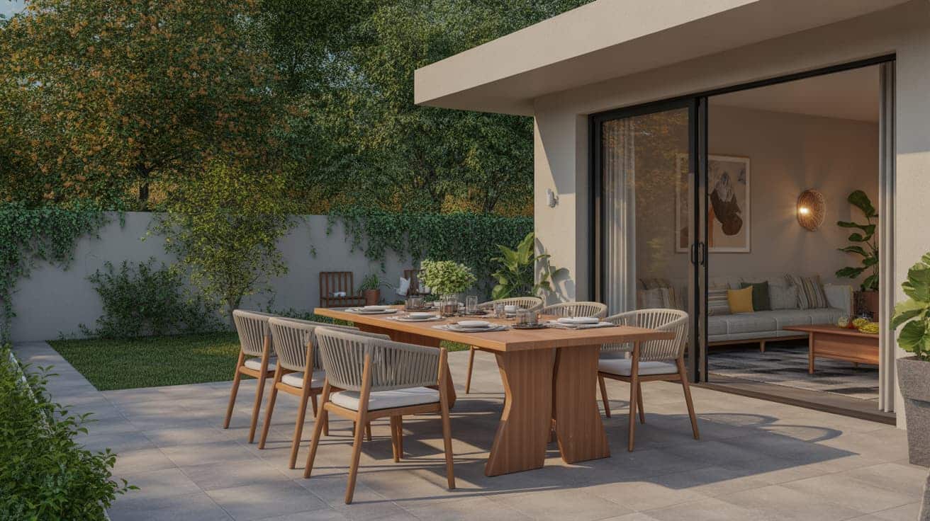 modern backyard dining setup with wooden table and woven chairs beside glass doors surrounded by greenery inspiring outdoor patio ideas for entertaining guests