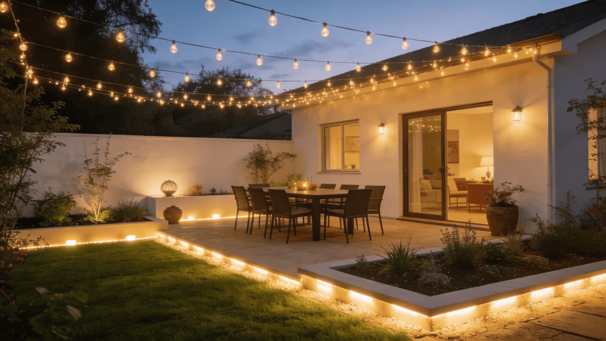 modern backyard patio with string lights dining table and soft led lighting around edges