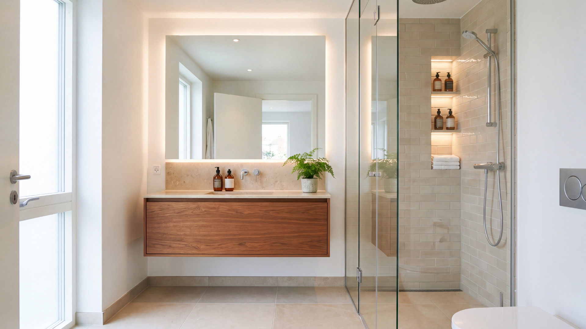 modern bathroom with a large backlit mirror and glass shower.
