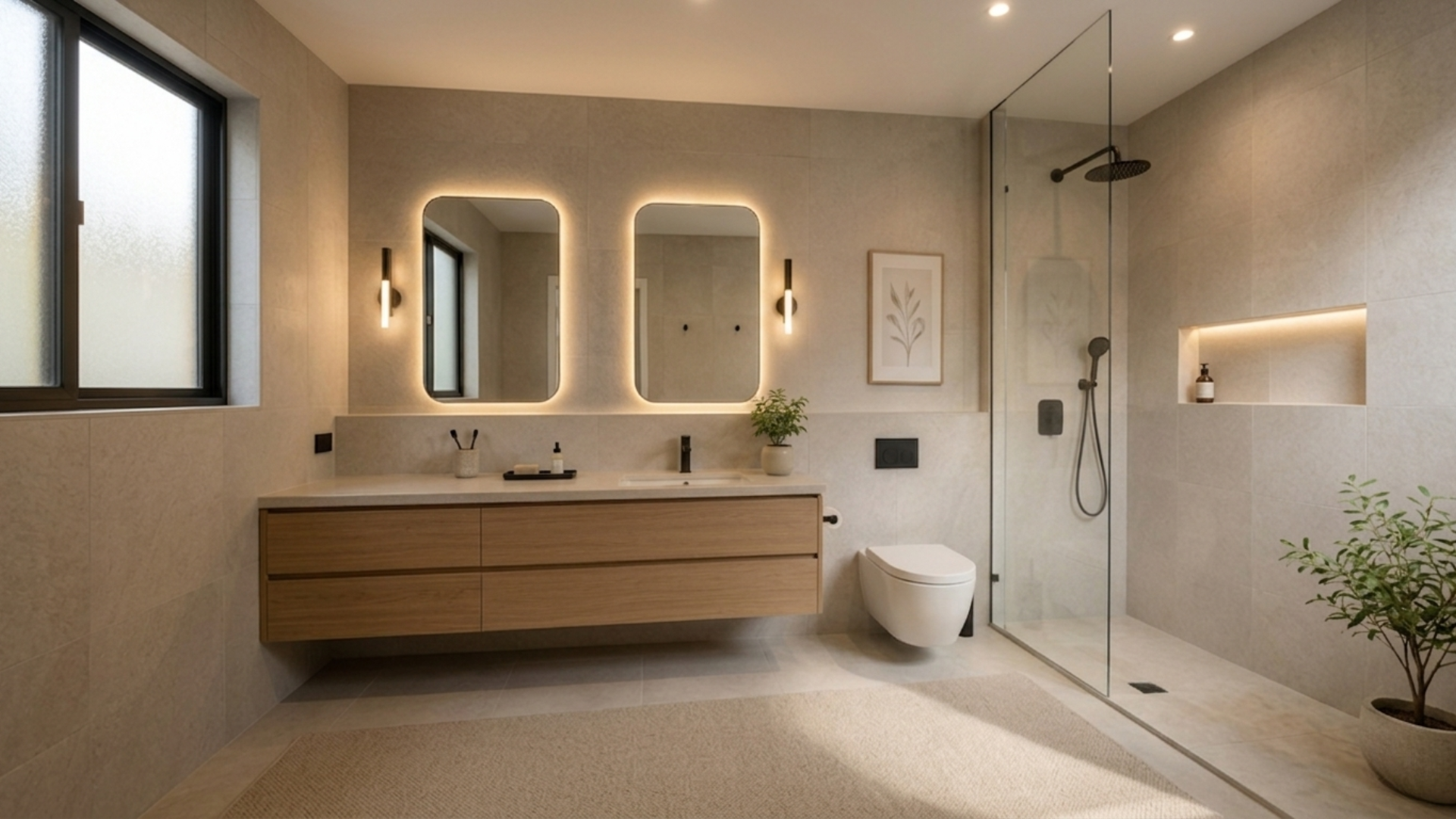 modern bathroom with floating wooden vanity led mirrors glass shower and soft beige tiles with indoor plants