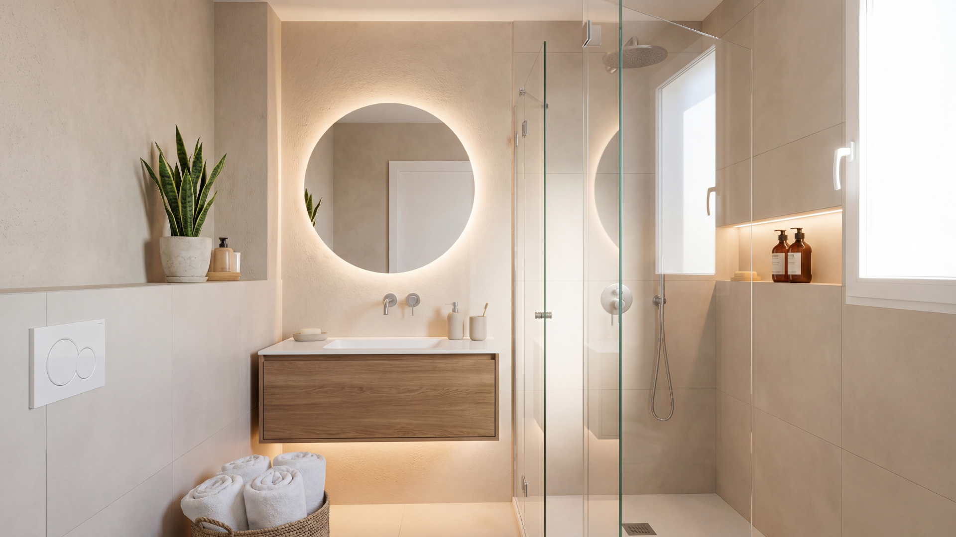 modern bathroom with hidden storage and soft lighting.
