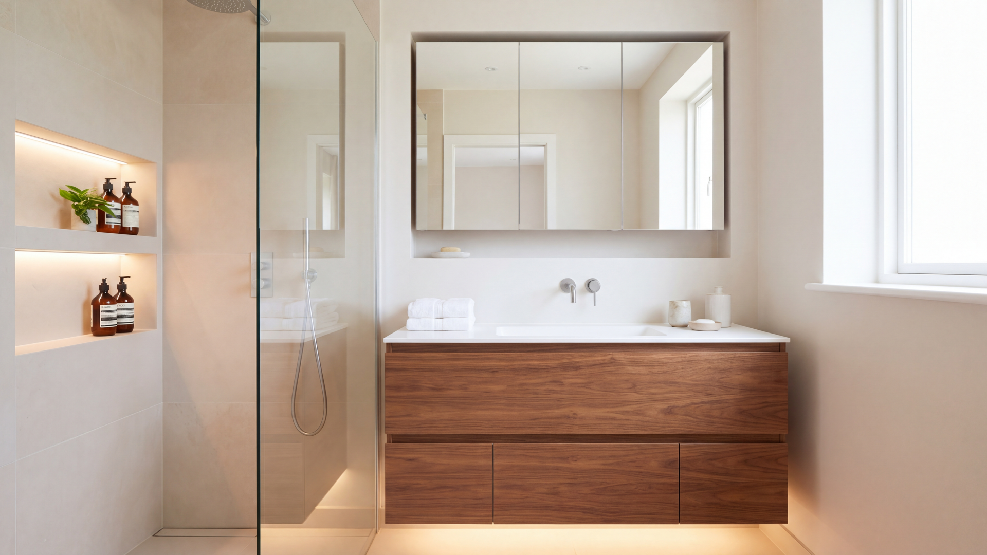 modern bathroom with hidden wall niches and wood vanity.