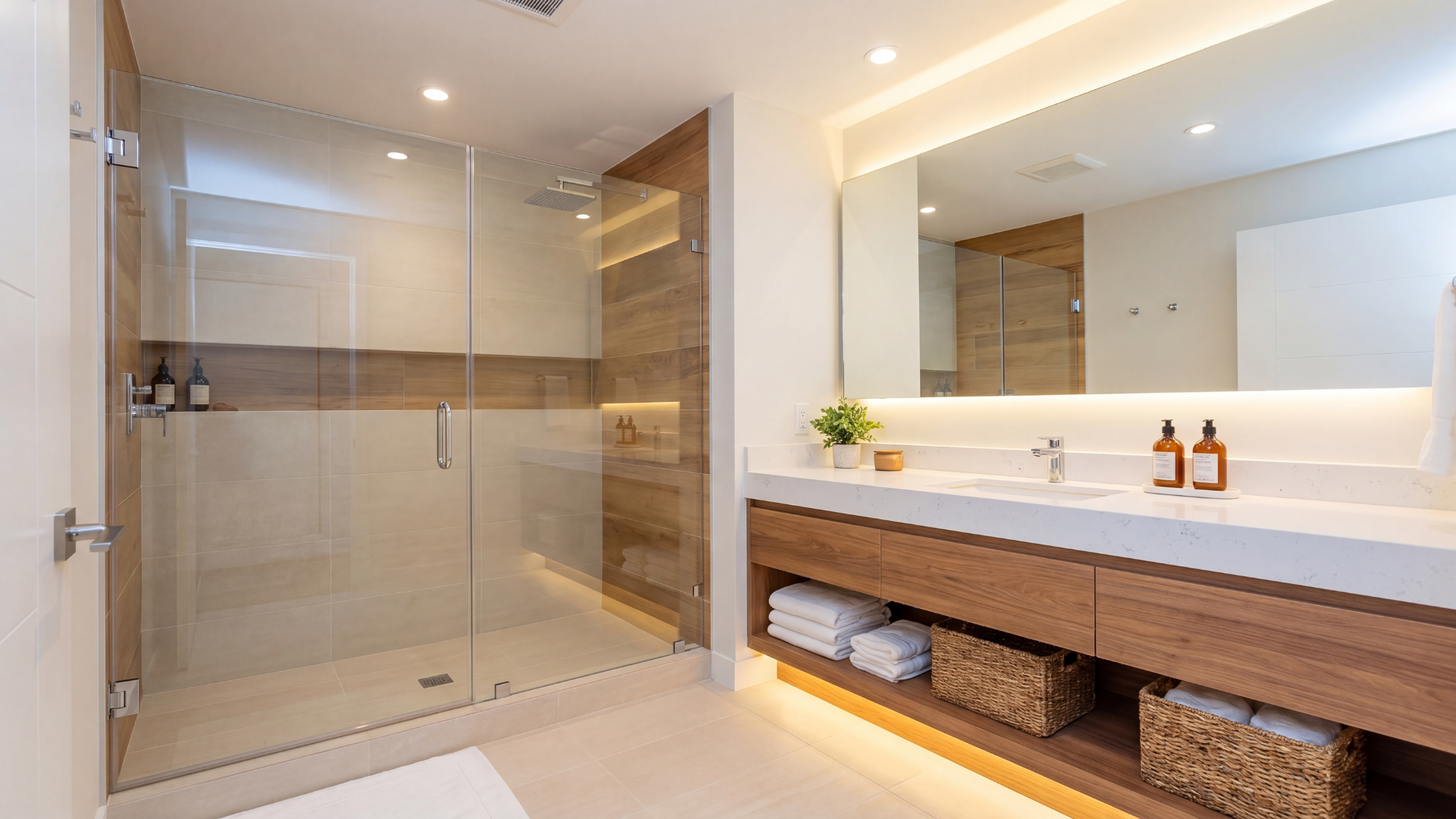 modern bathroom with large tiles and a frameless glass shower.