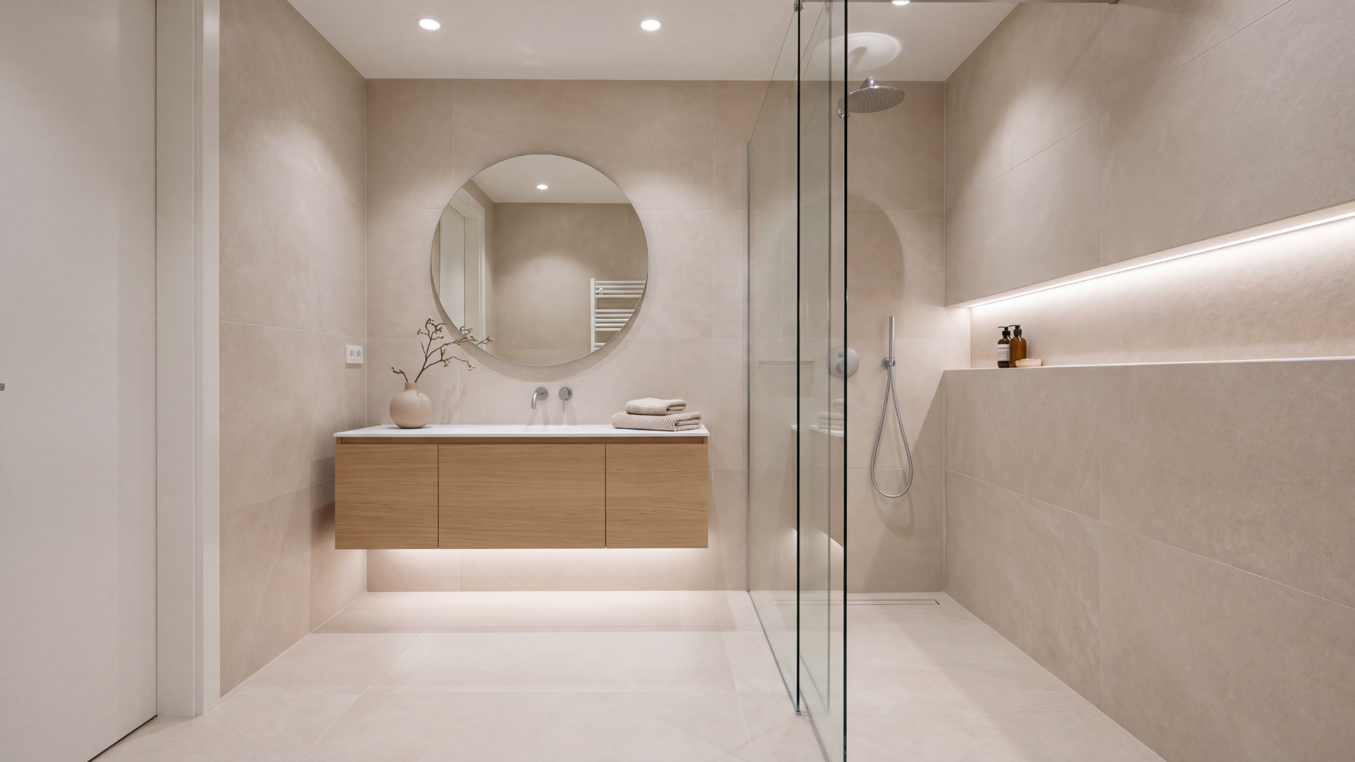 modern bathroom with matching wall and floor tiles.