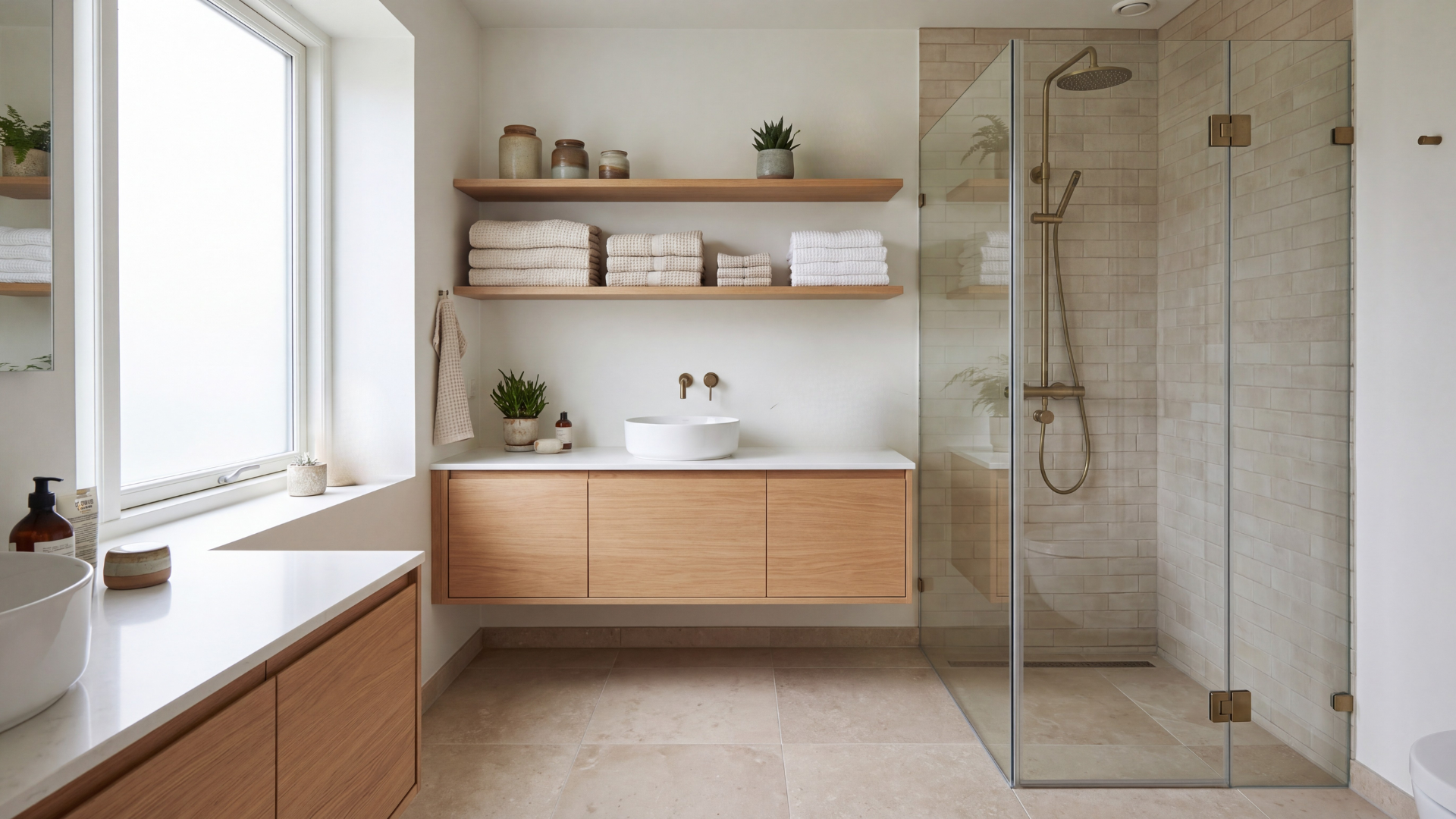 modern bathroom with open wooden shelves folded towels indoor plants frameless glass shower floating vanity and soft natural lighting