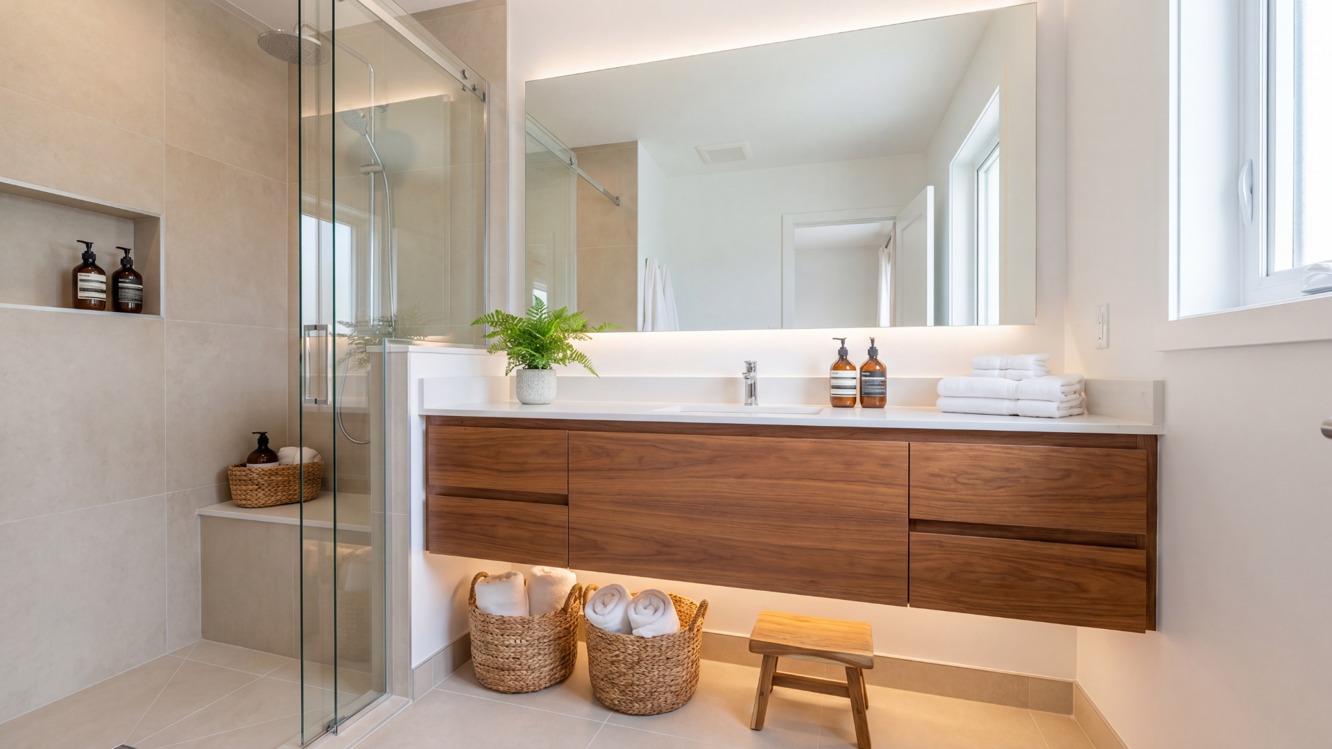 modern bathroom with soft lighting and a floating wood vanity.