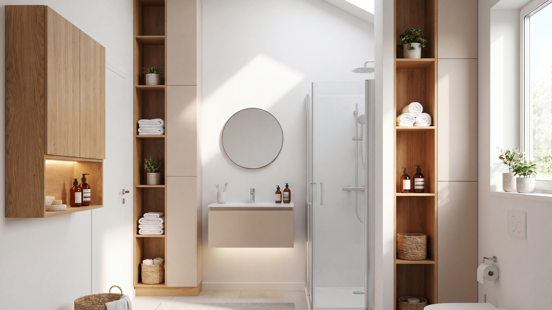 modern bathroom with tall wood storage shelves and glass shower.