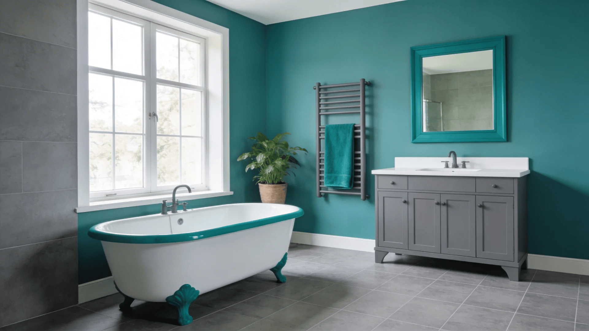 modern bathroom with teal walls freestanding tub vanity sink mirror and large window with natural light