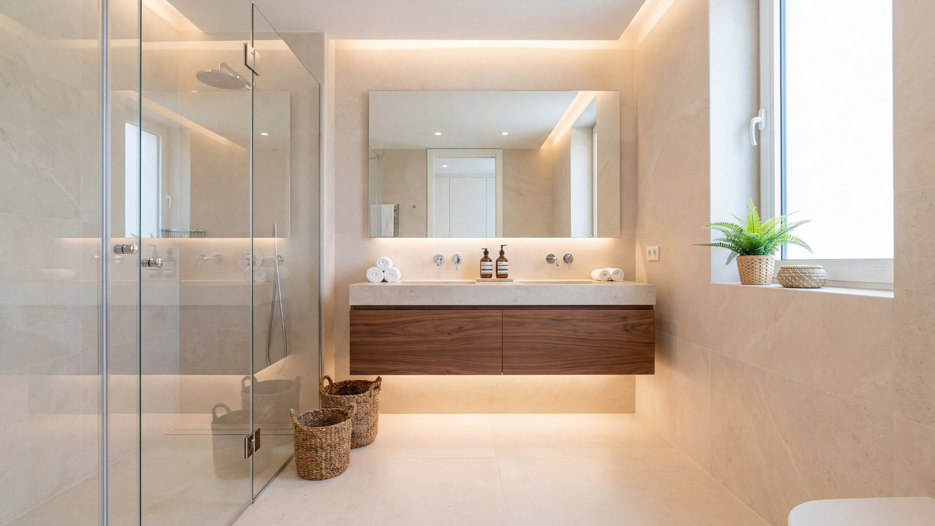 modern bathroom with warm lighting and a frameless glass shower.