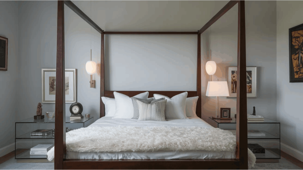 modern bedroom with canopy bed white bedding soft pillows glass nightstands warm lighting cozy decor