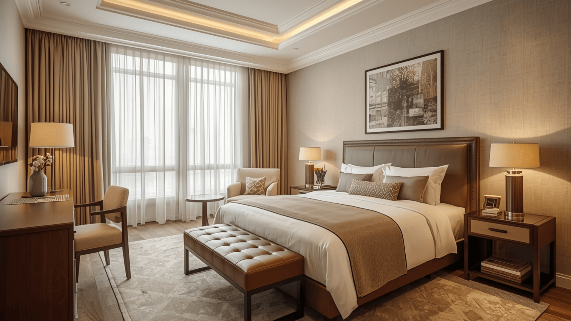 Modern bedroom with colorful accent wall, wardrobe, lighting, desk area and stylish layout designed for mens room decor