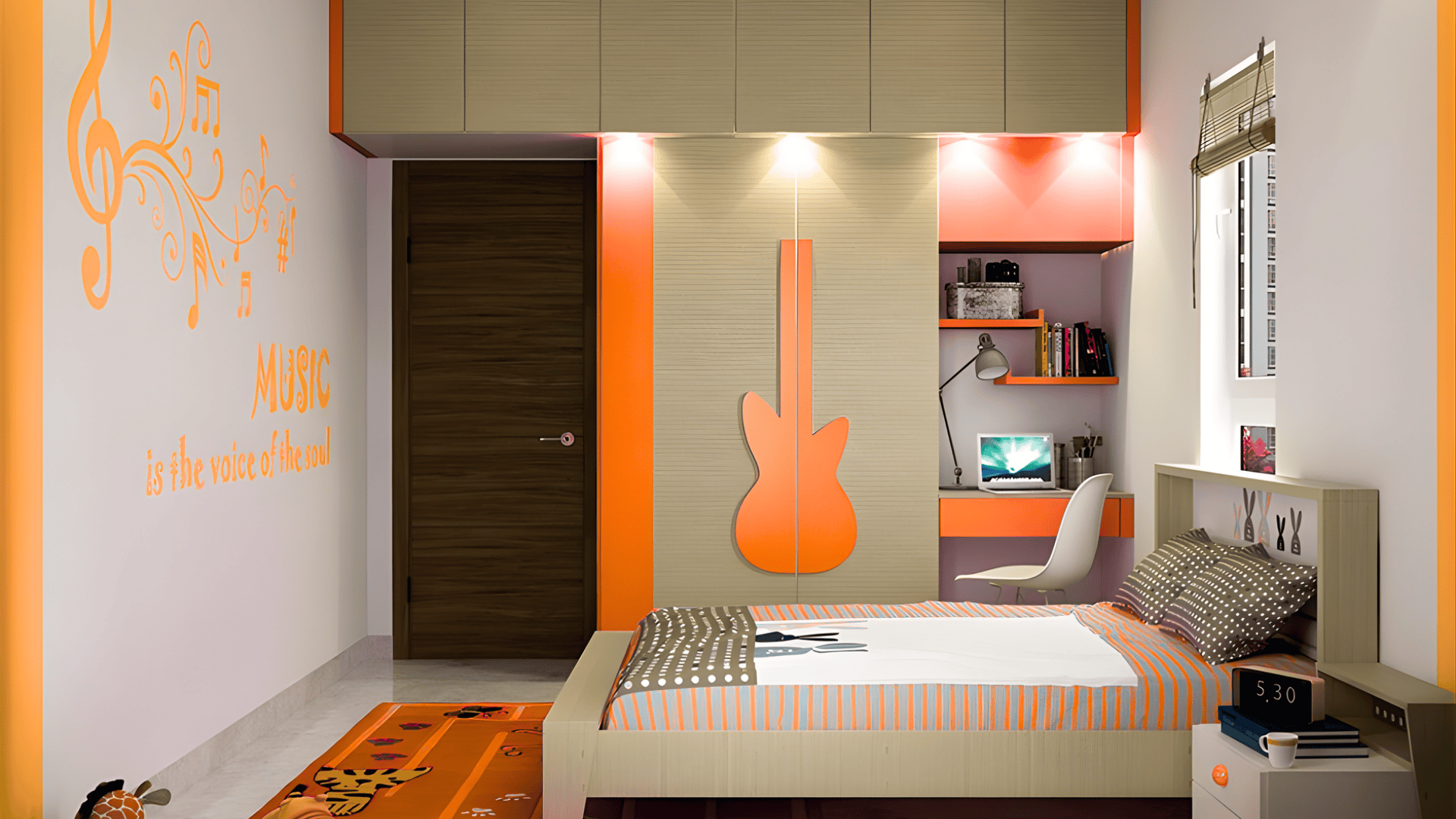 Modern bedroom with music theme guitar wall decor, study desk, shelves and bed creating stylish mens room decor space