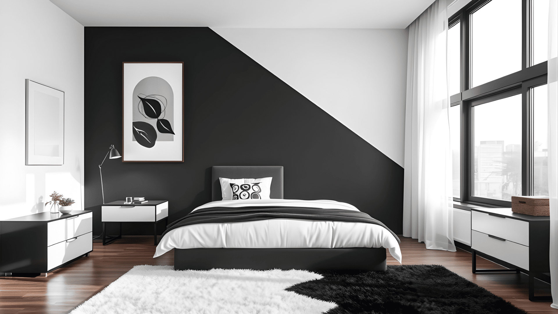 Modern black and white bedroom with low bed, side tables, abstract wall art and rug styled for mens room decor