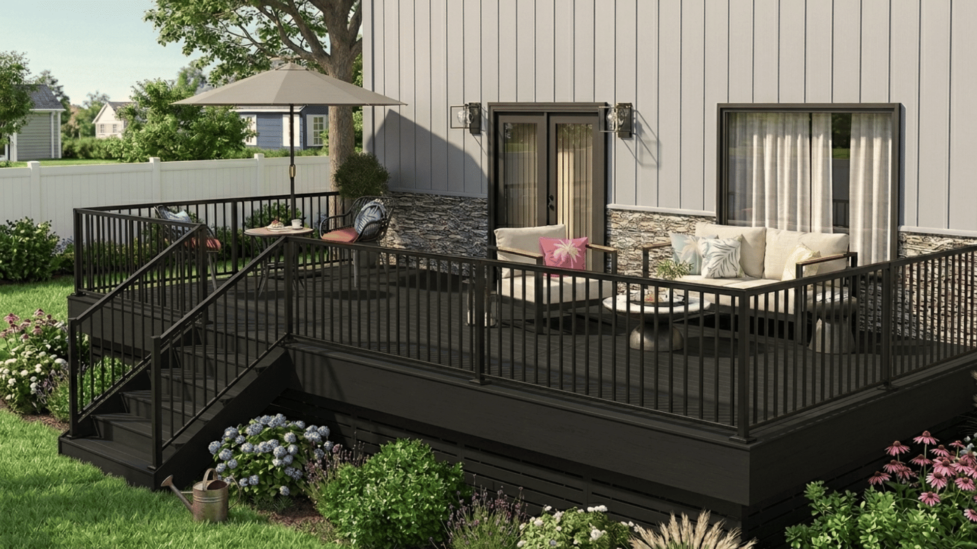 modern black deck with railings and outdoor seating beside a gray house with garden landscaping