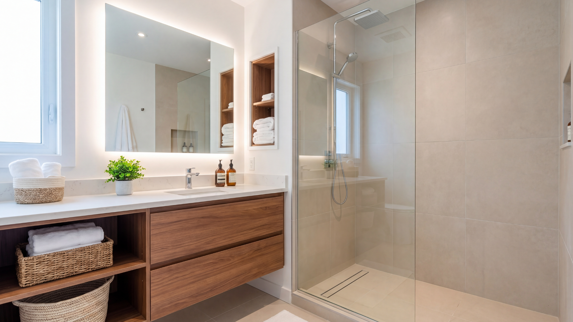 modern clutter-free bathroom with hidden storage and glass shower.