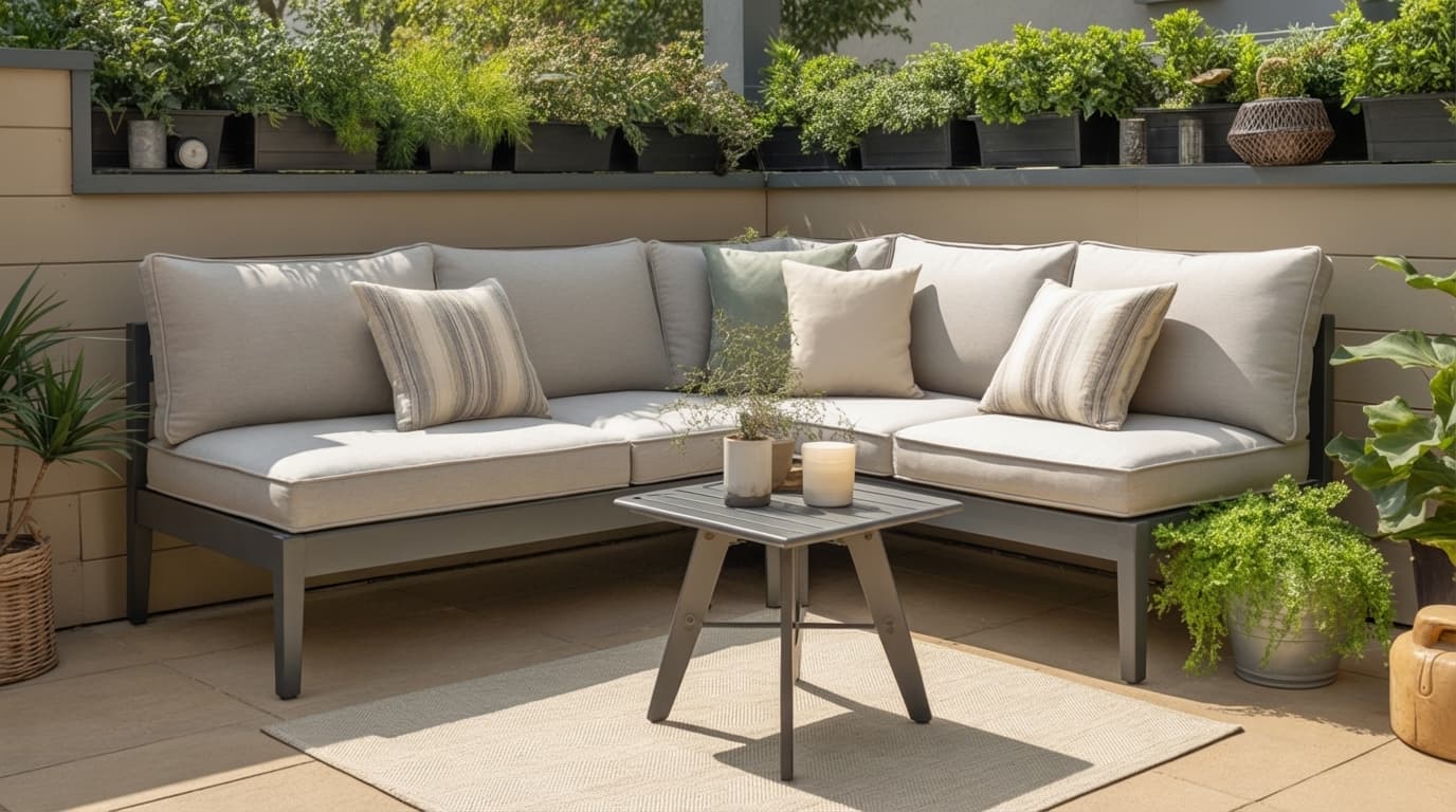 modern corner sectional sofa with cushions small table and greenery creating cozy backyard seating space inspiring outdoor patio ideas for relaxation