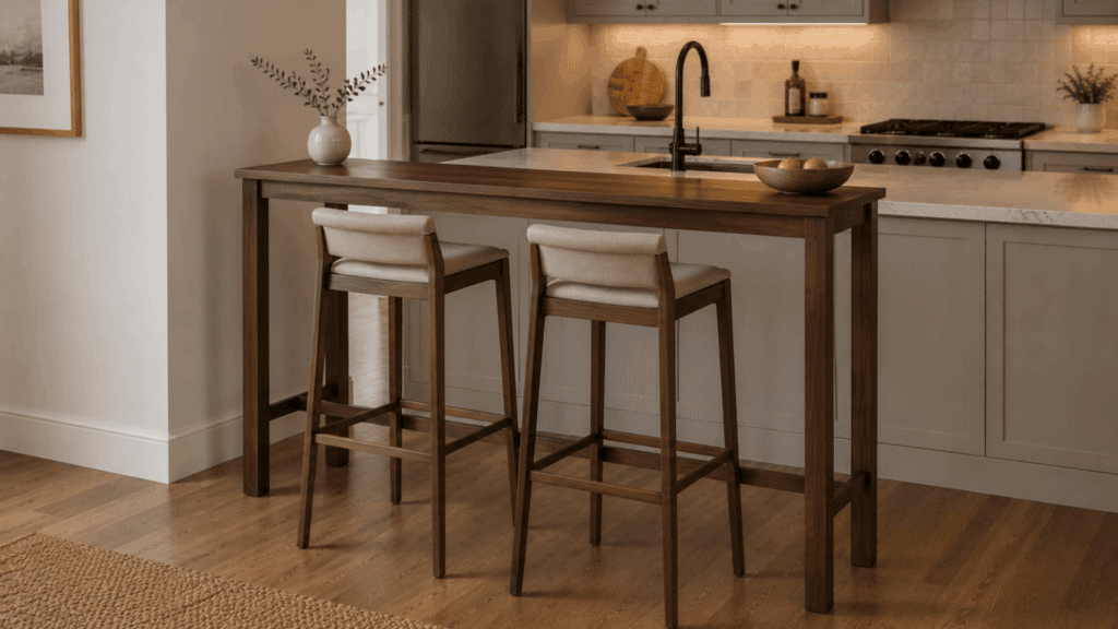 modern counter height table with tall stools placed in front of a cozy kitchen with warm natural lighting