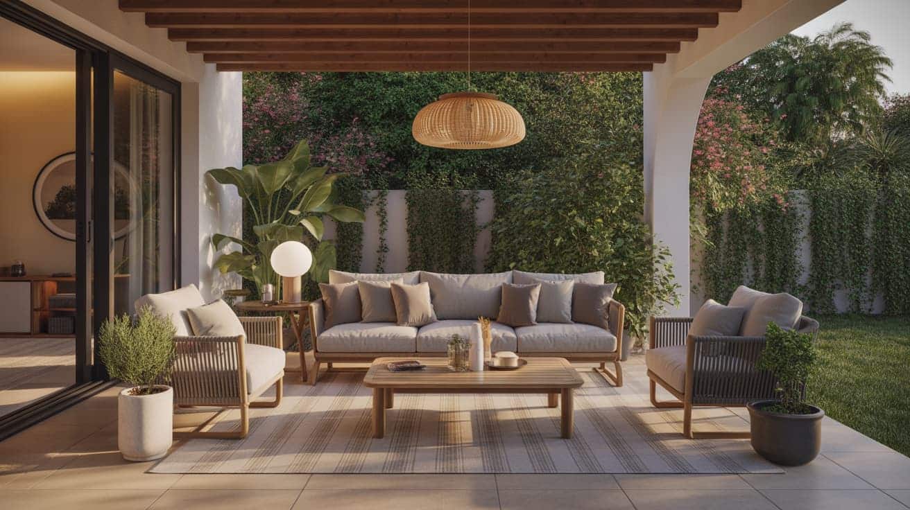 modern covered outdoor patio seating area with sofa chairs wooden table plants and warm lighting inspiring outdoor patio ideas