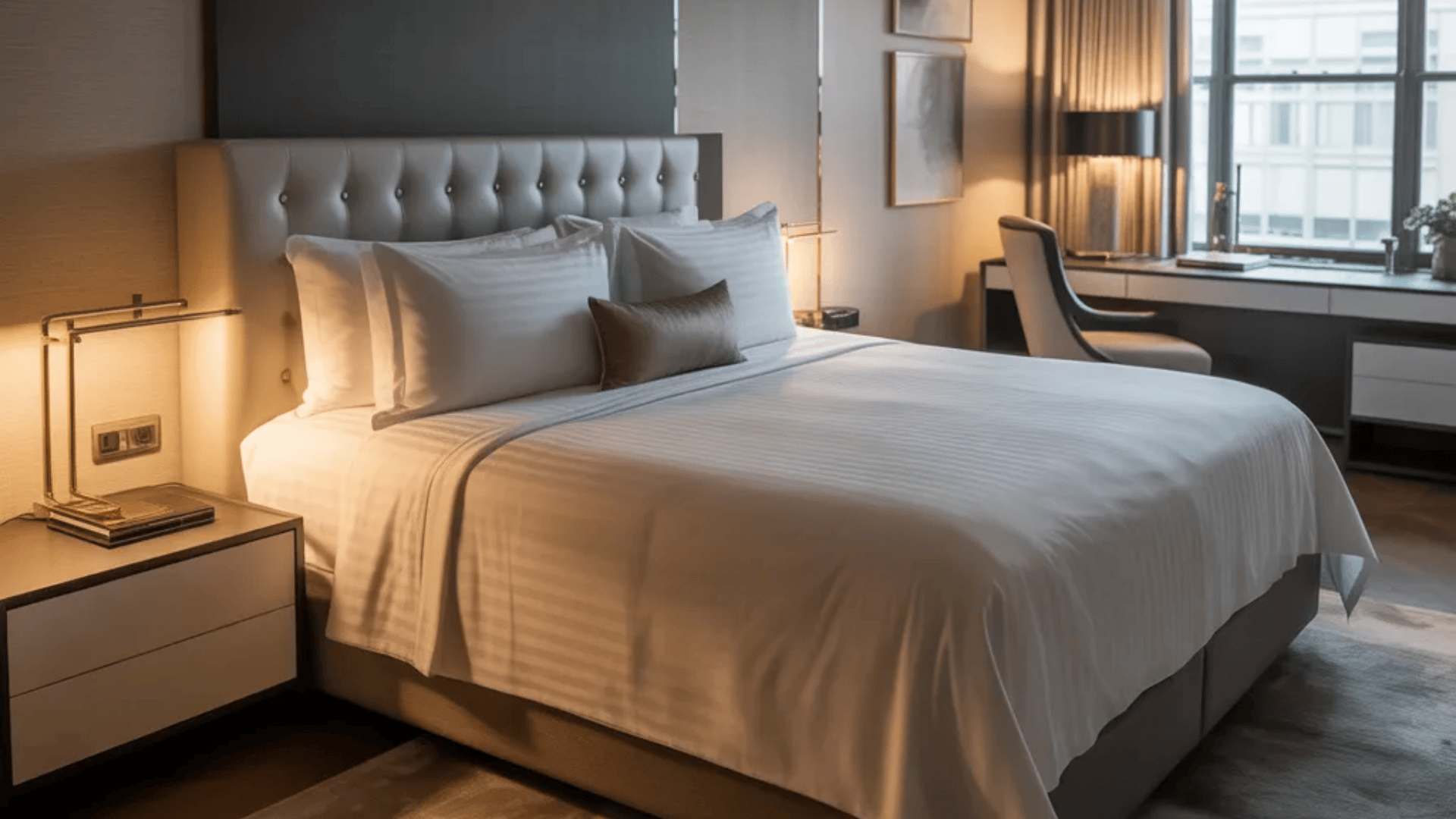 modern cozy bedroom with upholstered bed bedside lamps desk and window view showcasing stylish spare bedroom ideas for comfortable guest space