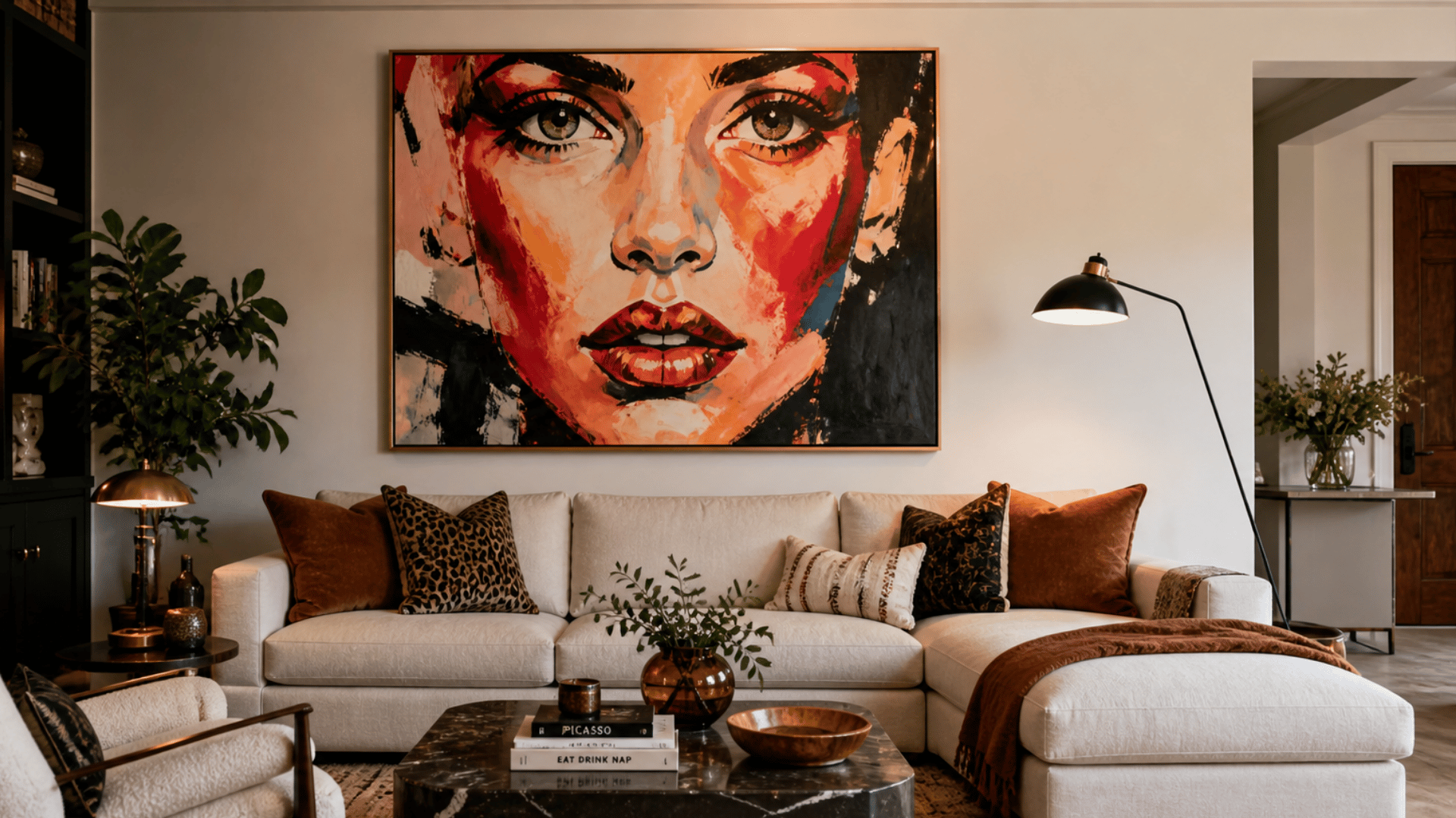 modern cozy living room with large bold portrait wall art soft sofa warm lighting plants and clean styled space