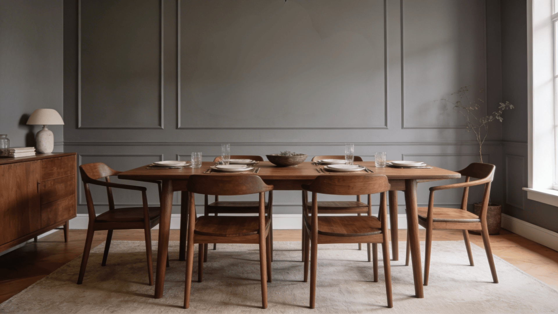 modern dining room with wooden table chairs gray walls framed art and hanging light fixture
