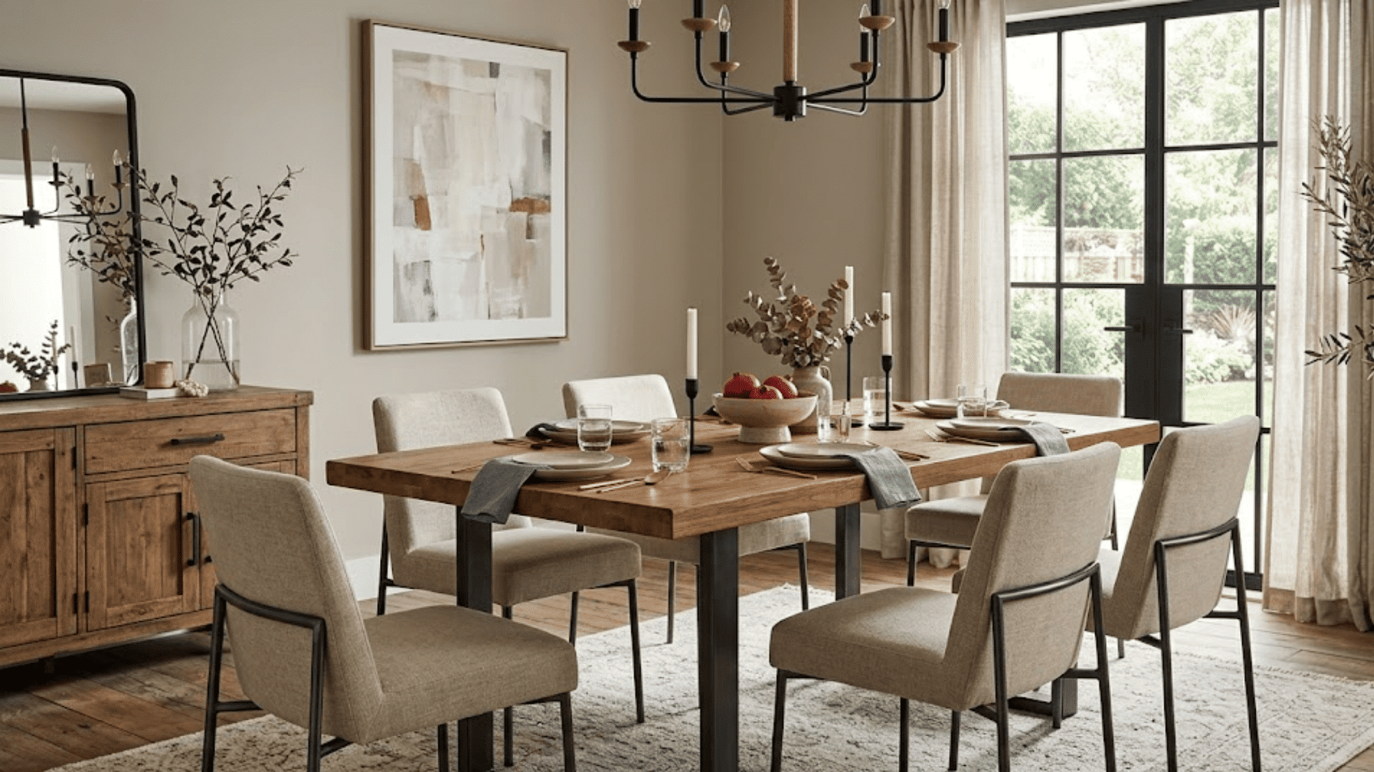 modern dining room with wooden table chairs chandelier and large window letting in natural light