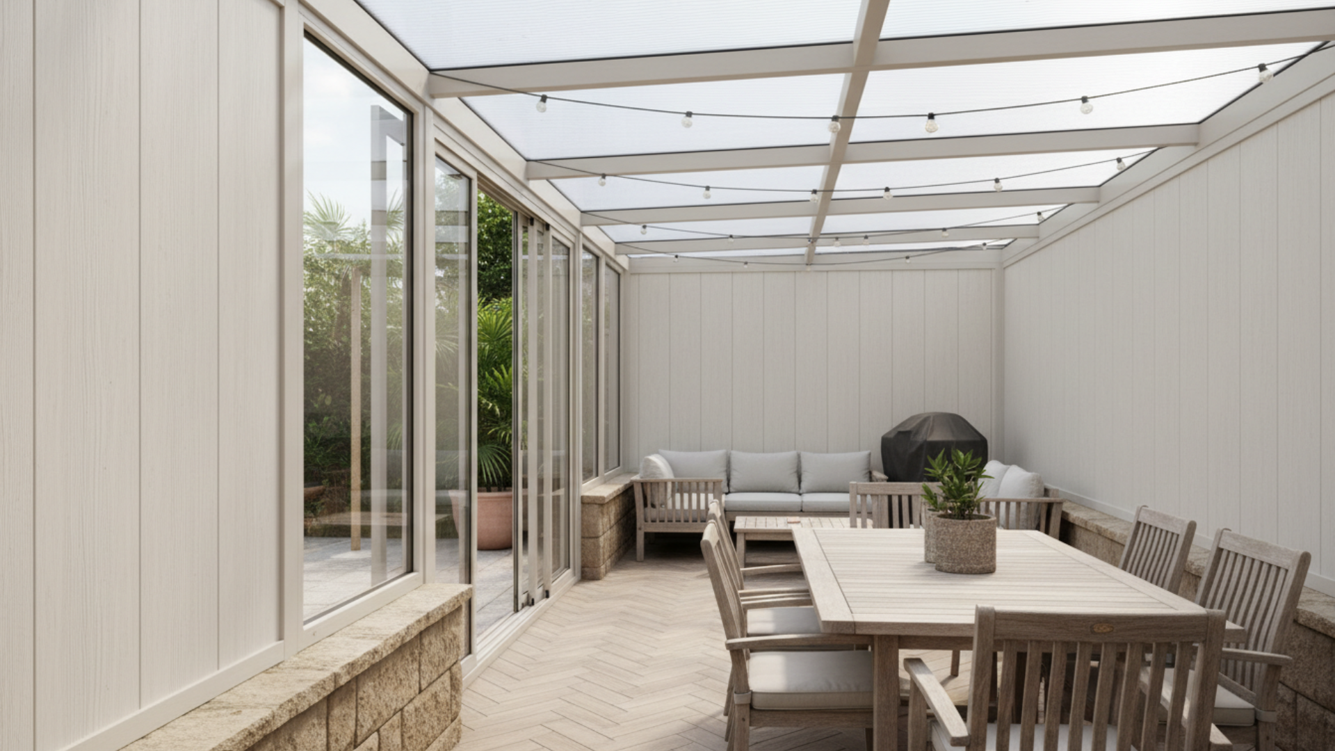 modern enclosed patio with glass panels and dining set