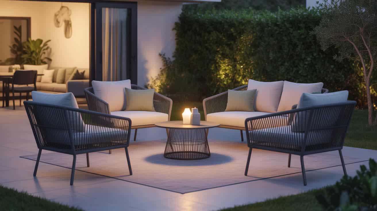 modern evening seating layout with cushioned chairs around round table and candles in backyard setting inspiring outdoor patio ideas for relaxing gatherings
