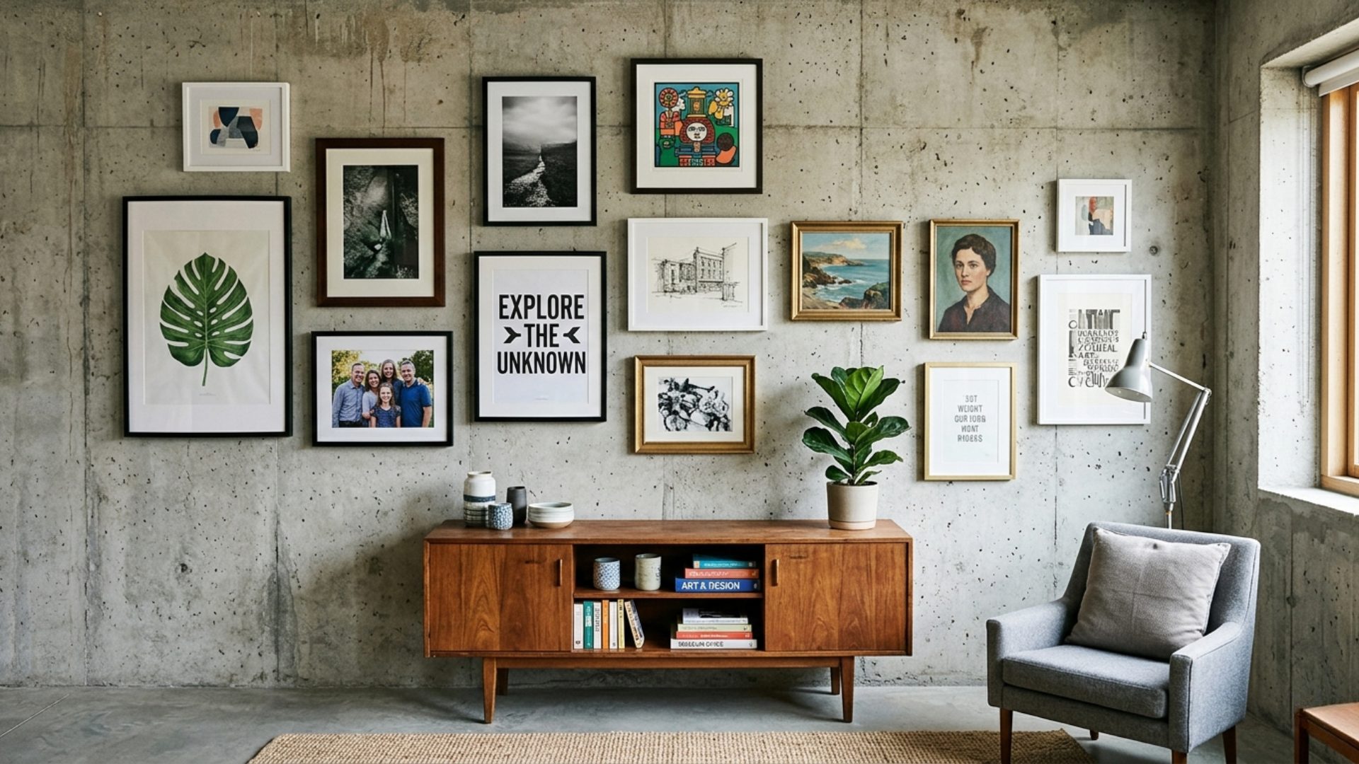 Modern gallery wall with mixed frames on a concrete wall