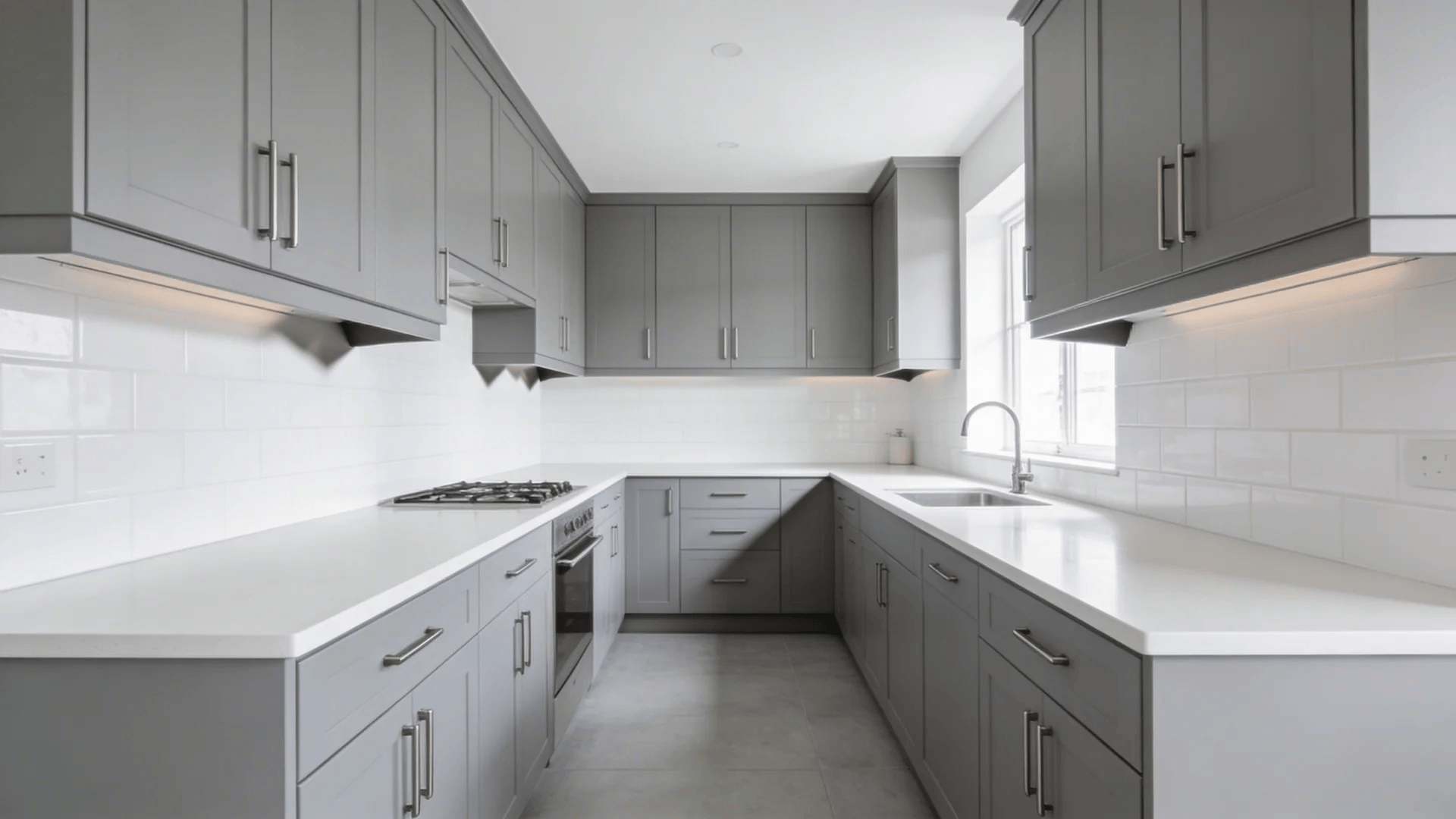 modern galley kitchen with gray cabinets white countertops gas stove and window sink